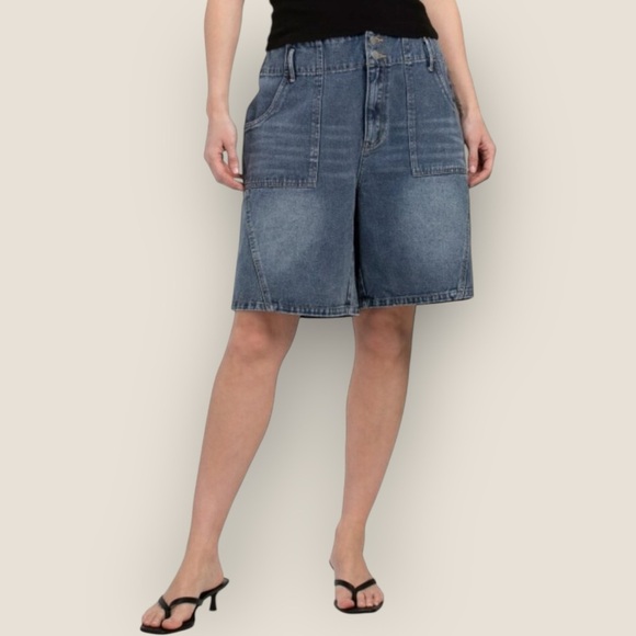 Le Lis Blue Jean Hi-Rise Relaxed Fit Long Denim Shorts - Picture 1 of 9